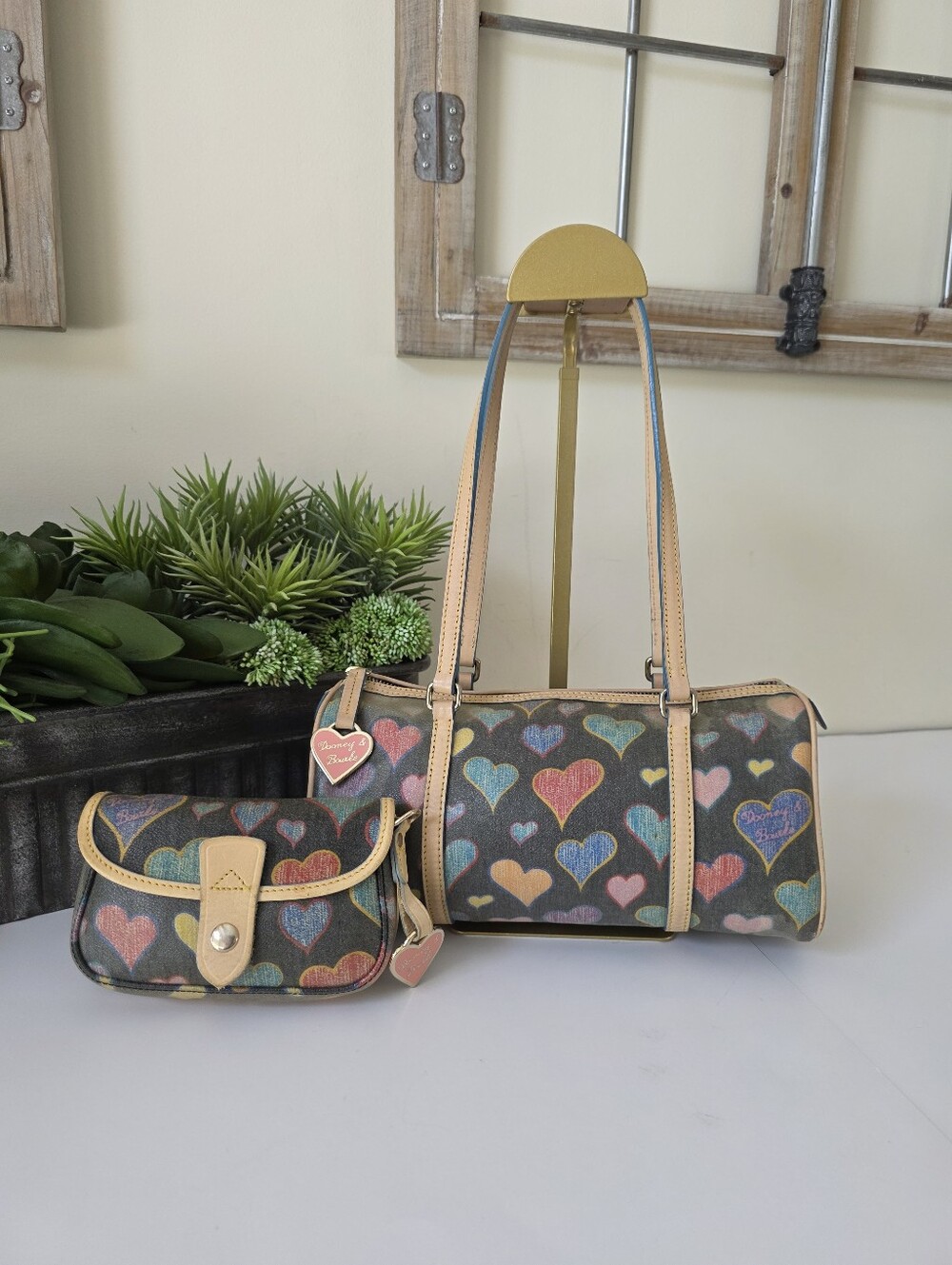 Vintage Dooney & Bourke Crayon Hearts Coated Cotton Bag Coin Purse Set